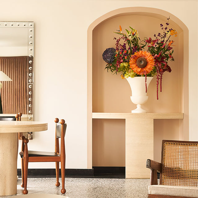 10.63″ Sunflower Faux Flower Indoor Outdoor Decor In The White Vase On The Console Table 091039