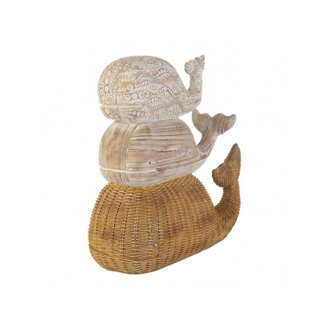 Stacked Whale Trio, Coastal Whitewashed & Woven Rattan-Look Resin Sculpture