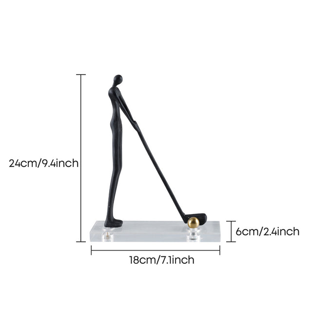 Abstract Golfer Figurine – 9.4-Inch Matte Black Metal Sculpture on Acrylic Base, Gold Ball Accent, Golf Lover Gift, Home Office Desk & Living Room Décor