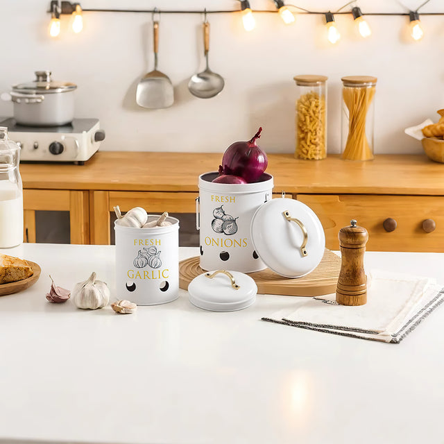 3 piece iron food storage jar with handles on the table