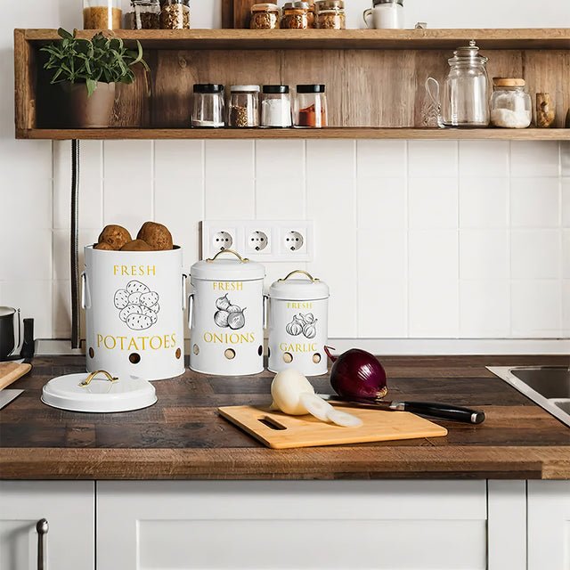 3 piece iron food storage jar with handles on the table