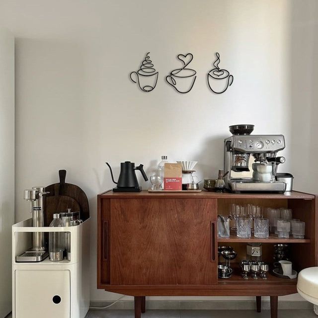 3 piece iron wire coffee cup wall decor above the coffee machine