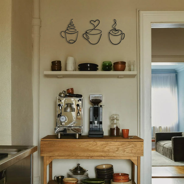 3 piece iron wire coffee cup wall decor above the coffee machine