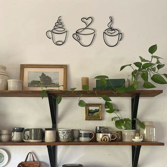 3 piece iron wire coffee cup wall decor on the wall