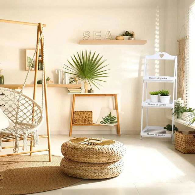 3 tier ladder-style wooden flower plant stand in the room