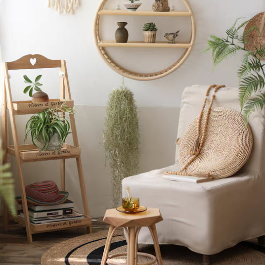 3 tier ladder-style wooden flower plant stand in the room