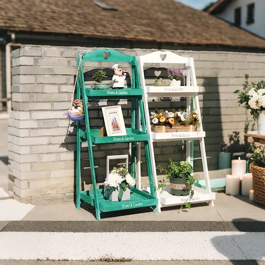 3 tier ladder-style wooden flower plant stand outside the house