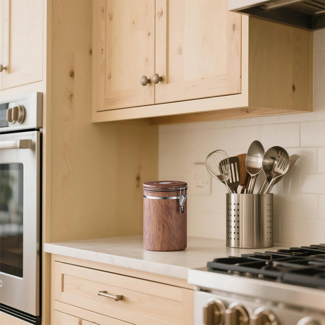 304 stainless steel brown cylinder storage jar on the table