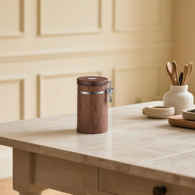 304 stainless steel brown cylinder storage jar on the table