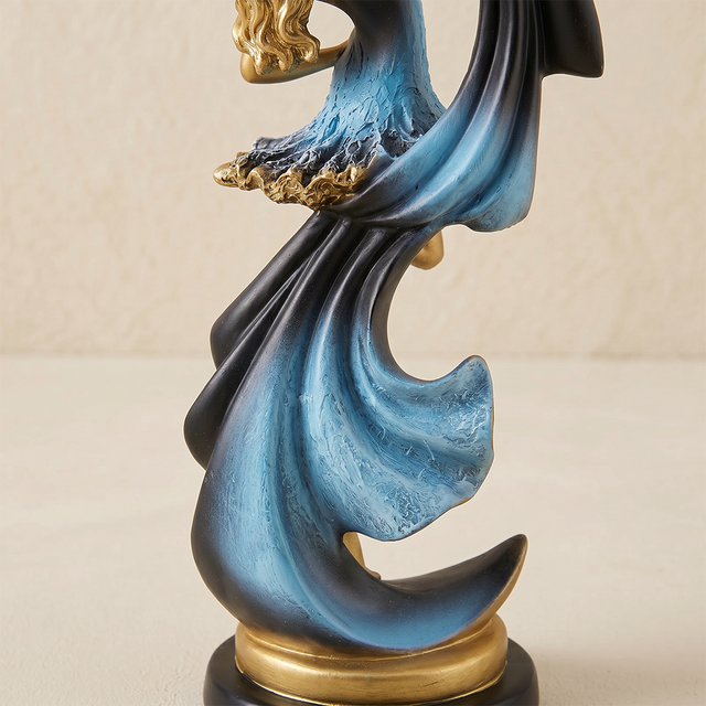 Ballerina Dancer Sculpture, Modern Resin Figurine with Crescent Cape in Midnight Blue & Gold, 8.7" Decorative Statue for Shelf, Desk