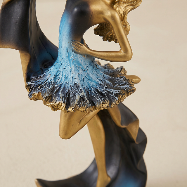 Ballerina Dancer Sculpture, Modern Resin Figurine with Crescent Cape in Midnight Blue & Gold, 8.7" Decorative Statue for Shelf, Desk