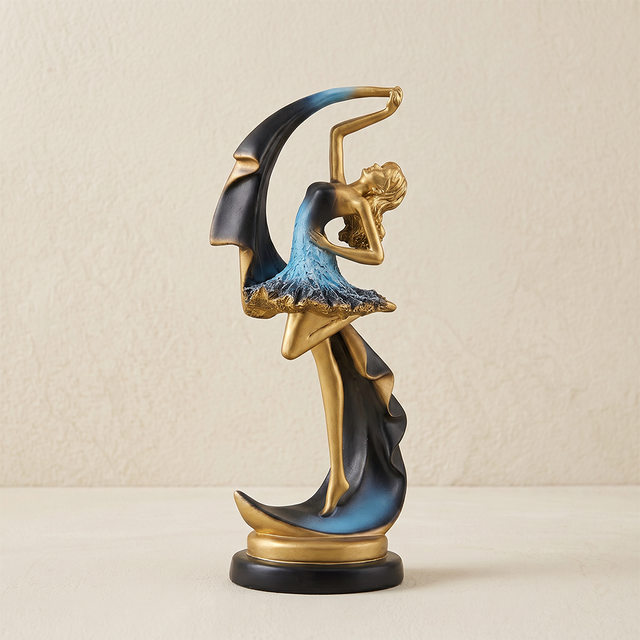 Ballerina Dancer Sculpture, Modern Resin Figurine with Crescent Cape in Midnight Blue & Gold, 8.7" Decorative Statue for Shelf, Desk