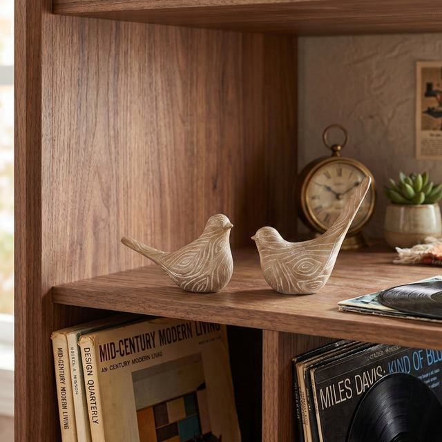 Bird Set On Wooden Bookshelf