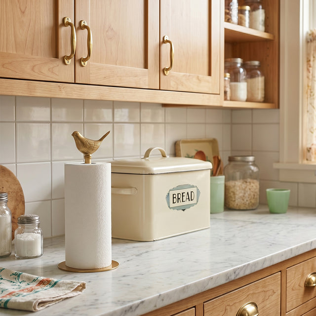 Bird top paper stand on light wood kitchen cabinet