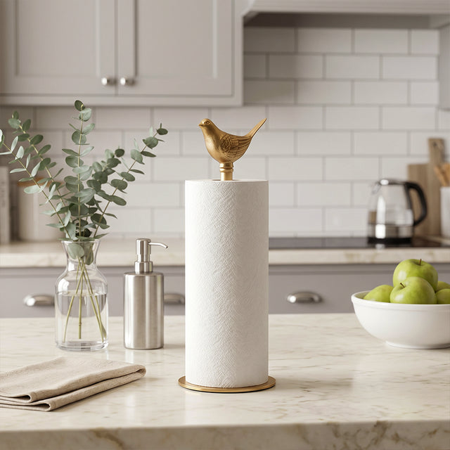 Bird towel stand on marble kitchen counter