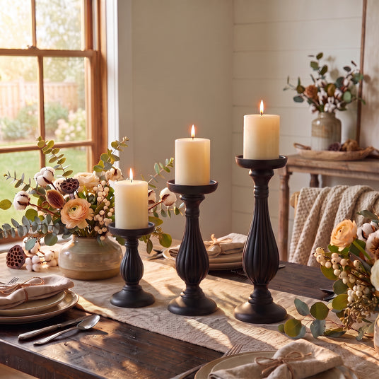 Black Candle Holder Set On Dining Table