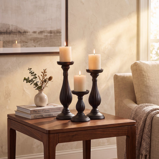 Black Candle Holder Set On Side Table