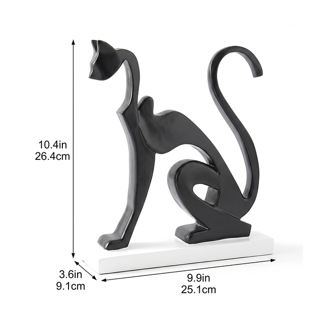 Black Resin Abstract Cat Sculpture – Modern Minimalist Tabletop Figurine with Glossy Finish | Cat Lover Gift, Home Accent for Mantle, Bookshelf, Console & Nightstand