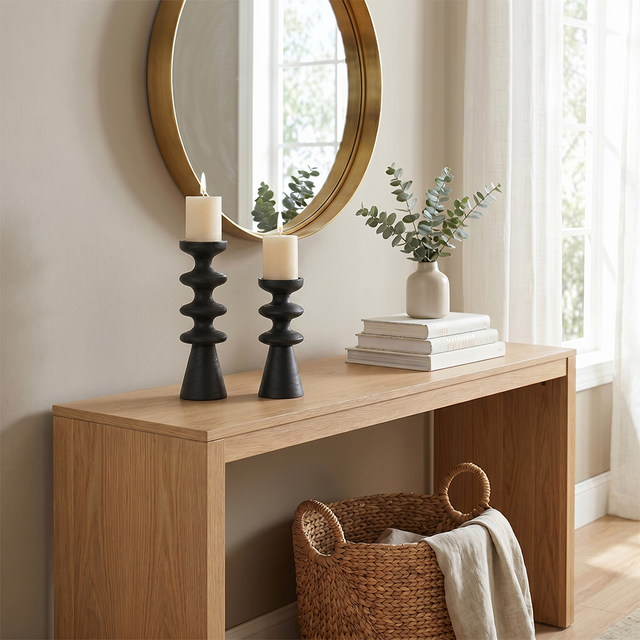 Black Pillar Candle Holder — Stacked Turned Solid Wood Candlestick, Modern Vintage Style Pillar Holder for Mantel, Dining Table & Console