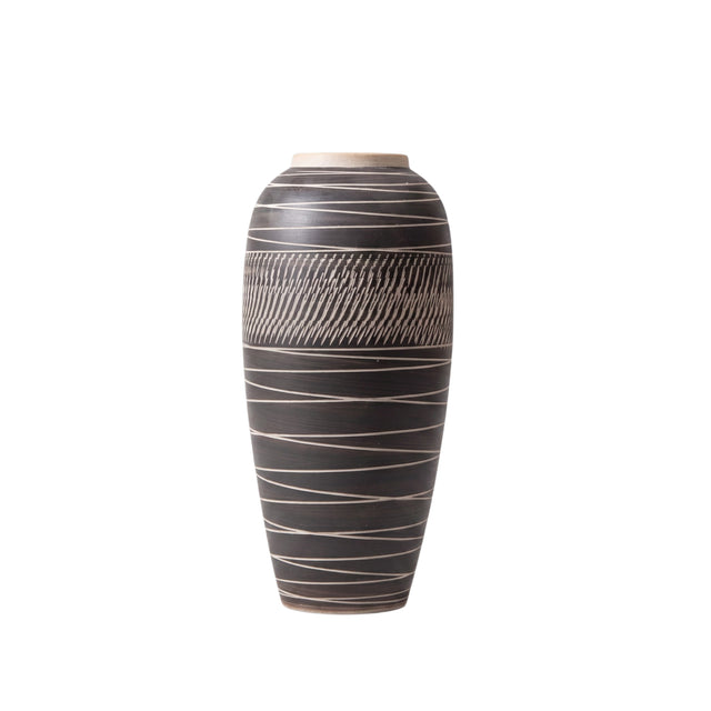 13.7" Modern Black Ceramic Vase, Hand-Carved Textured Stoneware Urn for Entryway, Living Room, Console Table