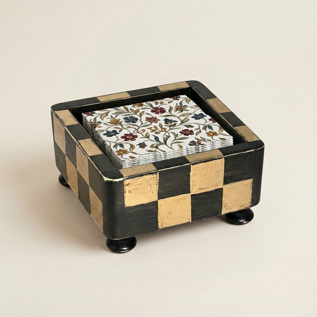 Checkered Wooden Napkin Holder — Rustic Handcrafted Square Cocktail Napkin Caddy with Bun Feet, Distressed Finish