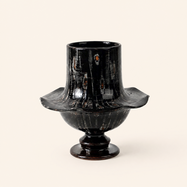 Black glaze flared rim pedestal vase