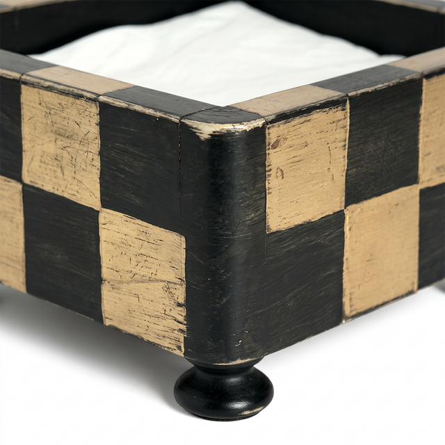 Checkered Wooden Napkin Holder — Rustic Handcrafted Square Cocktail Napkin Caddy with Bun Feet, Distressed Finish