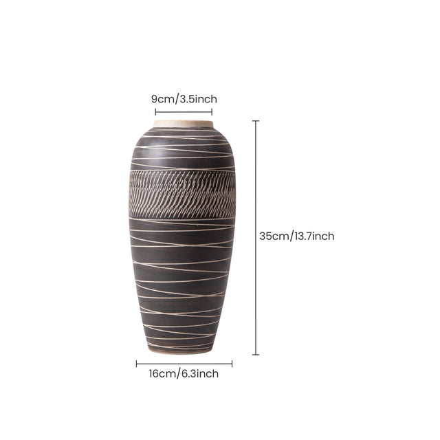 13.7" Modern Black Ceramic Vase, Hand-Carved Textured Stoneware Urn for Entryway, Living Room, Console Table