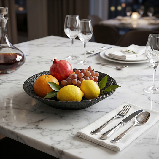Black wavy bowl on luxury marble dinner table