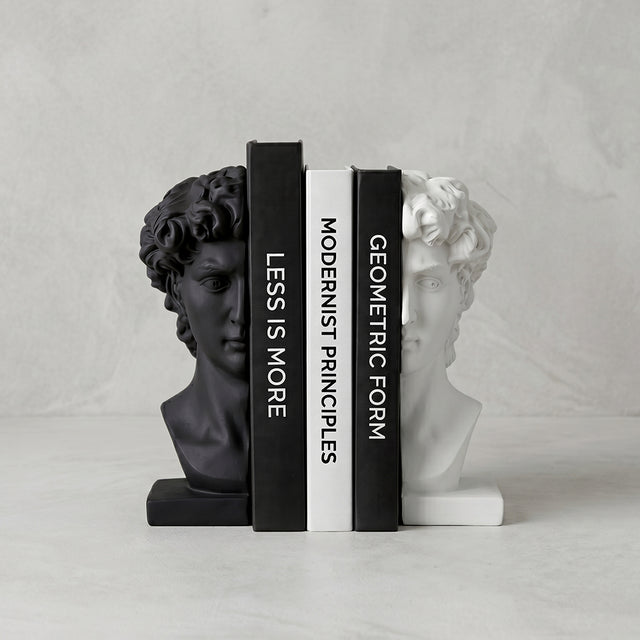 Black white david bust bookends with books