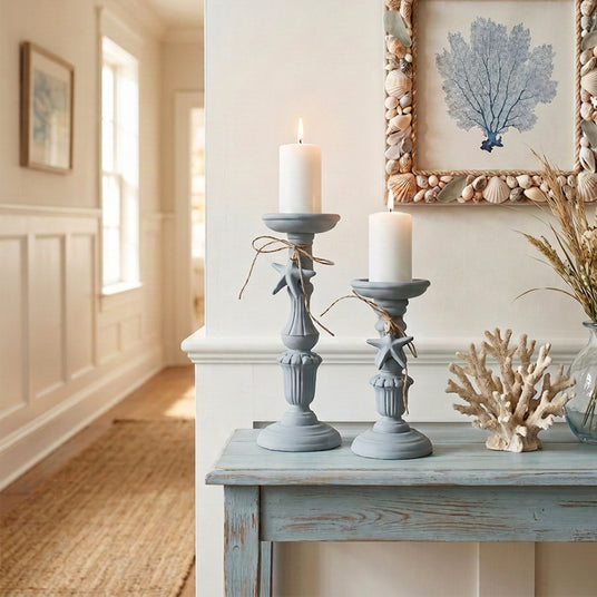 Blue Candle Holder Set On Console Table