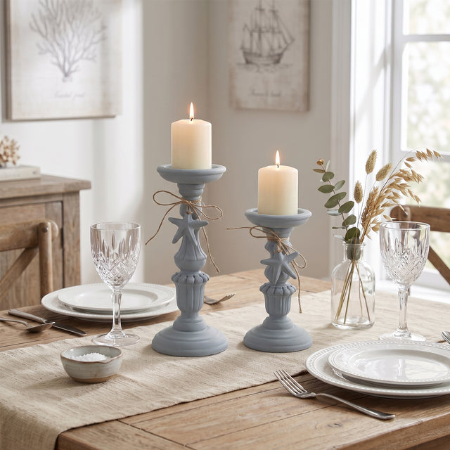 Blue Candle Holder Set On Wooden Table
