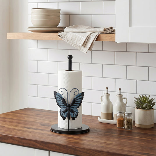 Blue Glitter Butterfly Holder On White Tile Counter