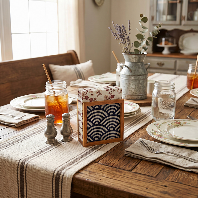 Blue Wave Napkin Holder On Farmhouse Table