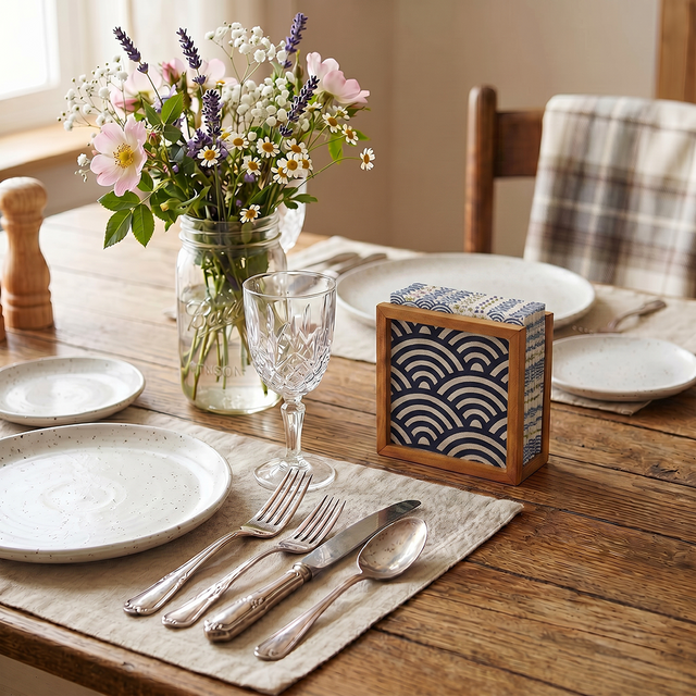 Blue Wave Napkin Holder On Wooden Table