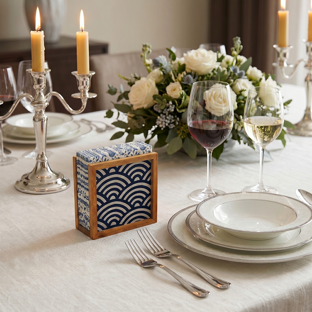 Blue Wave Napkin Holder With Wine Glasses