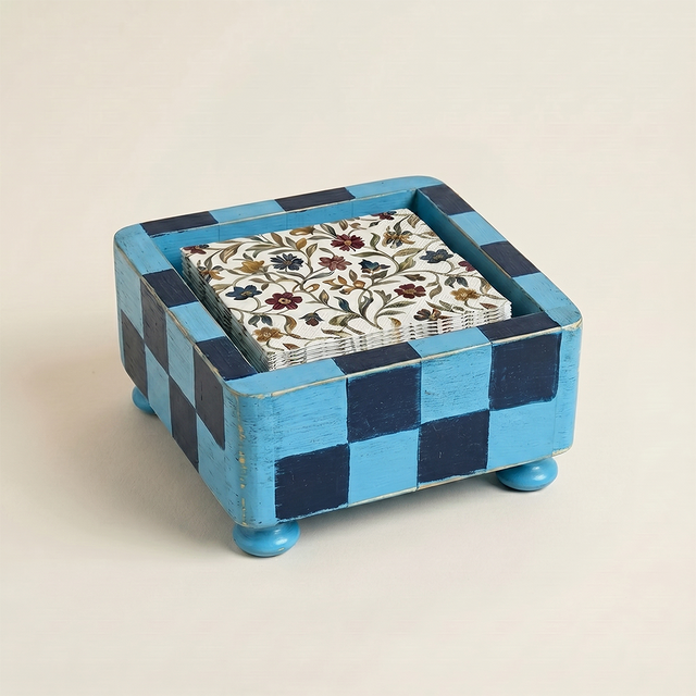 Checkered Wooden Napkin Holder — Rustic Handcrafted Square Cocktail Napkin Caddy with Bun Feet, Distressed Finish