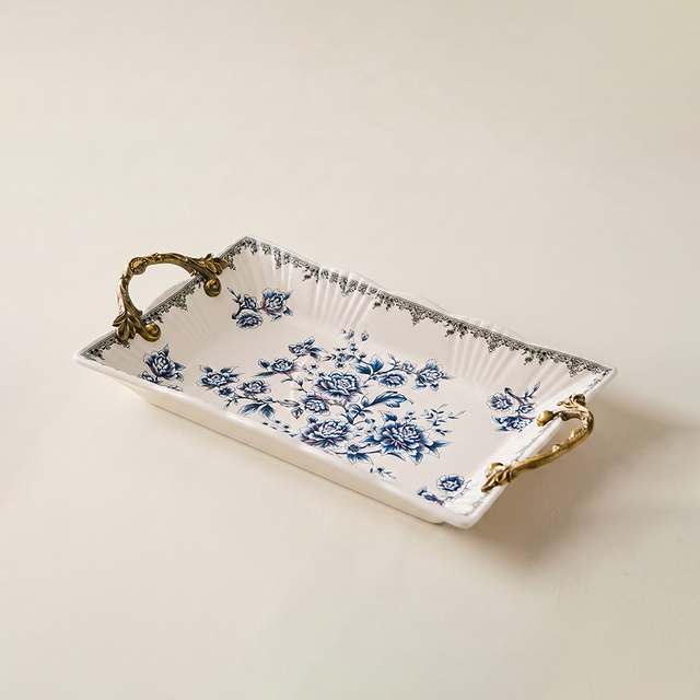 Blue and White Porcelain Serving Tray with Antique Alloy Handles — Crackle Glaze Decorative Tray, Chinoiserie Peony Pattern, Vanity Organizer & Jewelry Tray