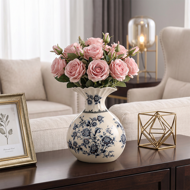 Chinoiserie Blue and White Ceramic Flower Vase, Round Crackle Glaze Vase with Peony Pattern Ruffled Rim