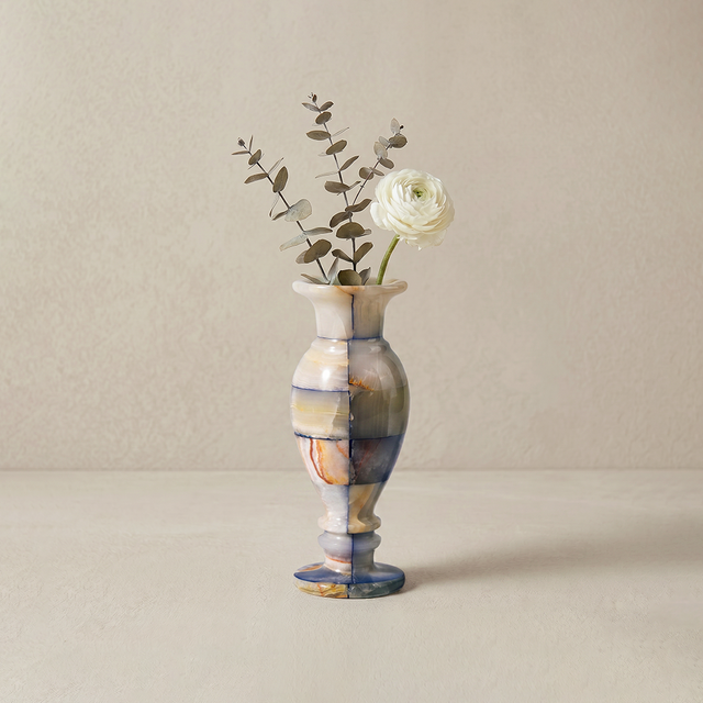 Blue vein onyx pedestal vase front view