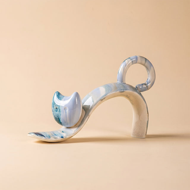 Hand-Painted Ceramic Cat Figurine, Abstract Blue & Ivory Drip-Glaze Sculpture, Modern Decorative Accent for Bookshelf, Console & Mantel