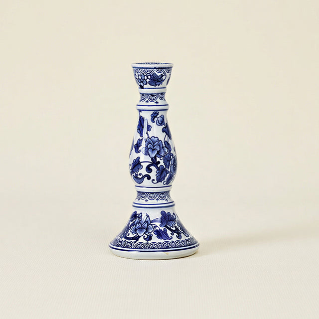 Blue & White Porcelain Taper Candlestick Holder — Traditional Floral Scroll Pattern, Chinoiserie Ceramic Candle Holder for Dining Table & Mantel
