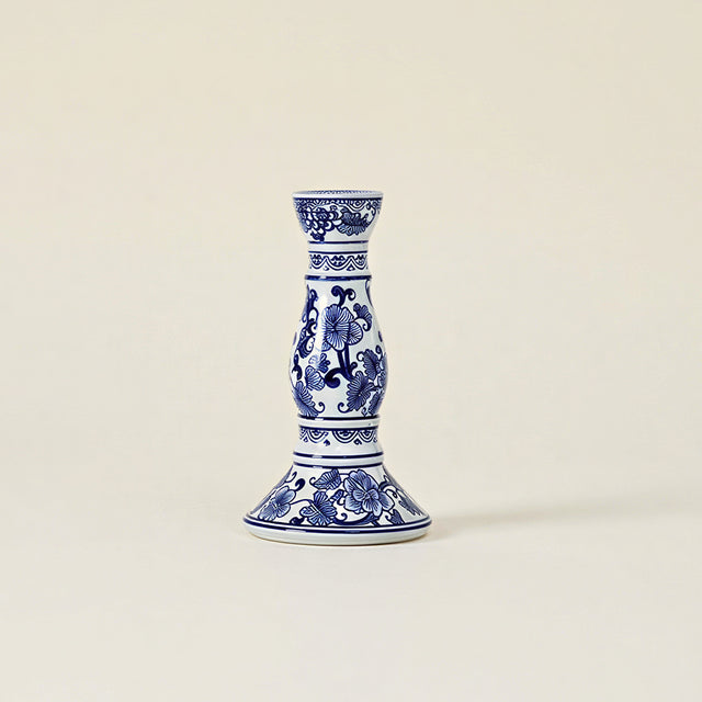 Blue & White Porcelain Taper Candlestick Holder — Traditional Floral Scroll Pattern, Chinoiserie Ceramic Candle Holder for Dining Table & Mantel