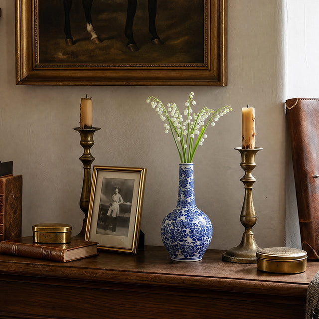 Blue and White Chinoiserie Vase — Ceramic Floral Long Neck Bottle Vase for Shelf, Sideboard & Traditional Home Décor