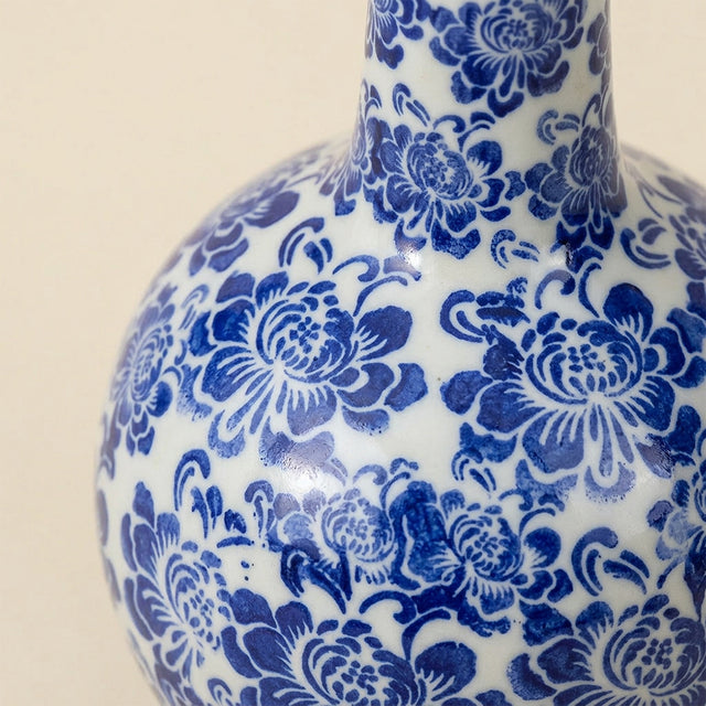Blue and White Chinoiserie Vase — Ceramic Floral Long Neck Bottle Vase for Shelf, Sideboard & Traditional Home Décor