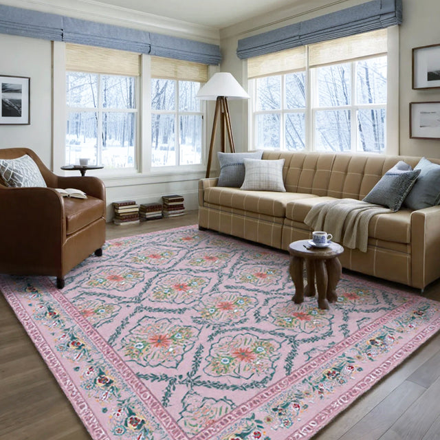 Bohemian Style Washable Rug Plush Faux Wool Carpet Between Two Espresso Brown Sofas 090527