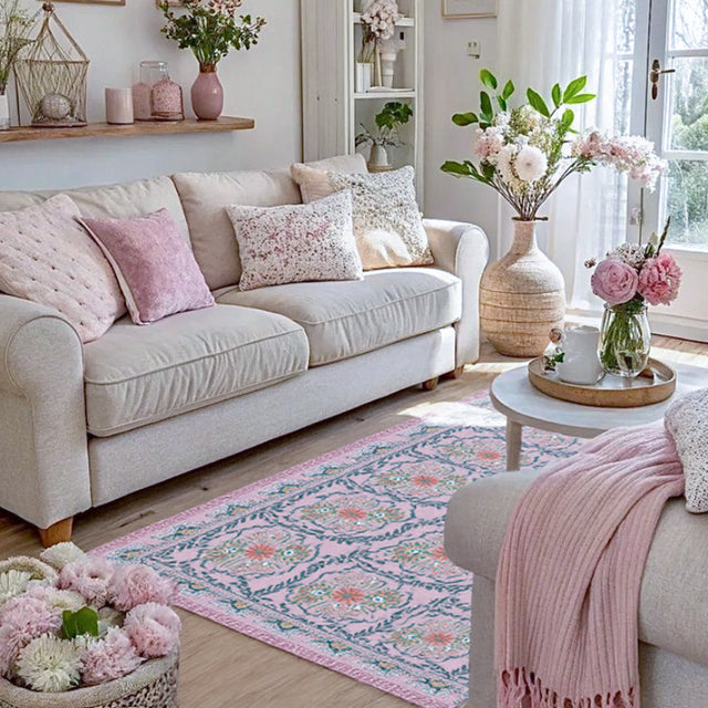 Bohemian Style Washable Rug Plush Faux Wool Carpet Between Two White Sofas 090527