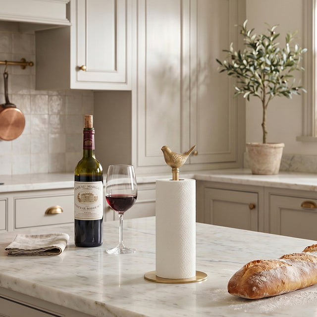 Brass bird towel rack on wine themed kitchen table