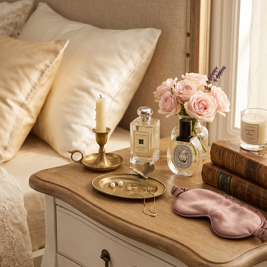 Brass jewelry plate on bedroom wood nightstand