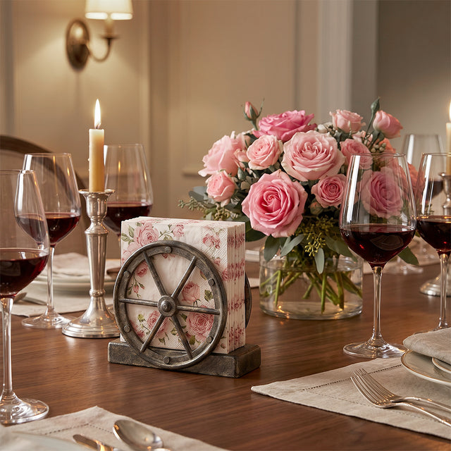 Brown Wagon Wheel Holder With Rose Decor